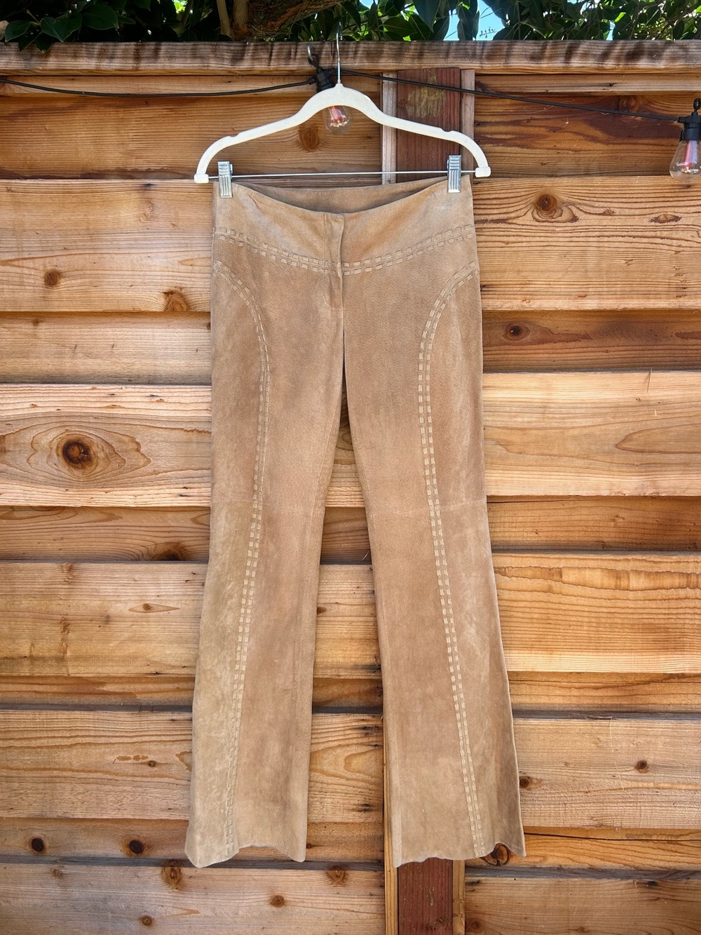 Vintage 90s Ezza by Michael Hoban Tan 100% Suede Leather Whipstitch Flared Pants